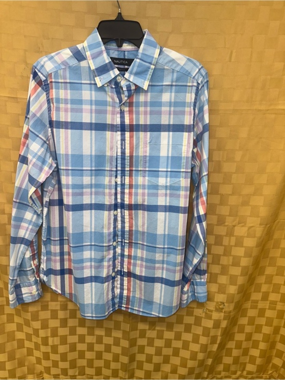 Nautica Men's Blue and White Plaid Button-Down Shirt with Subtle Red Accents
